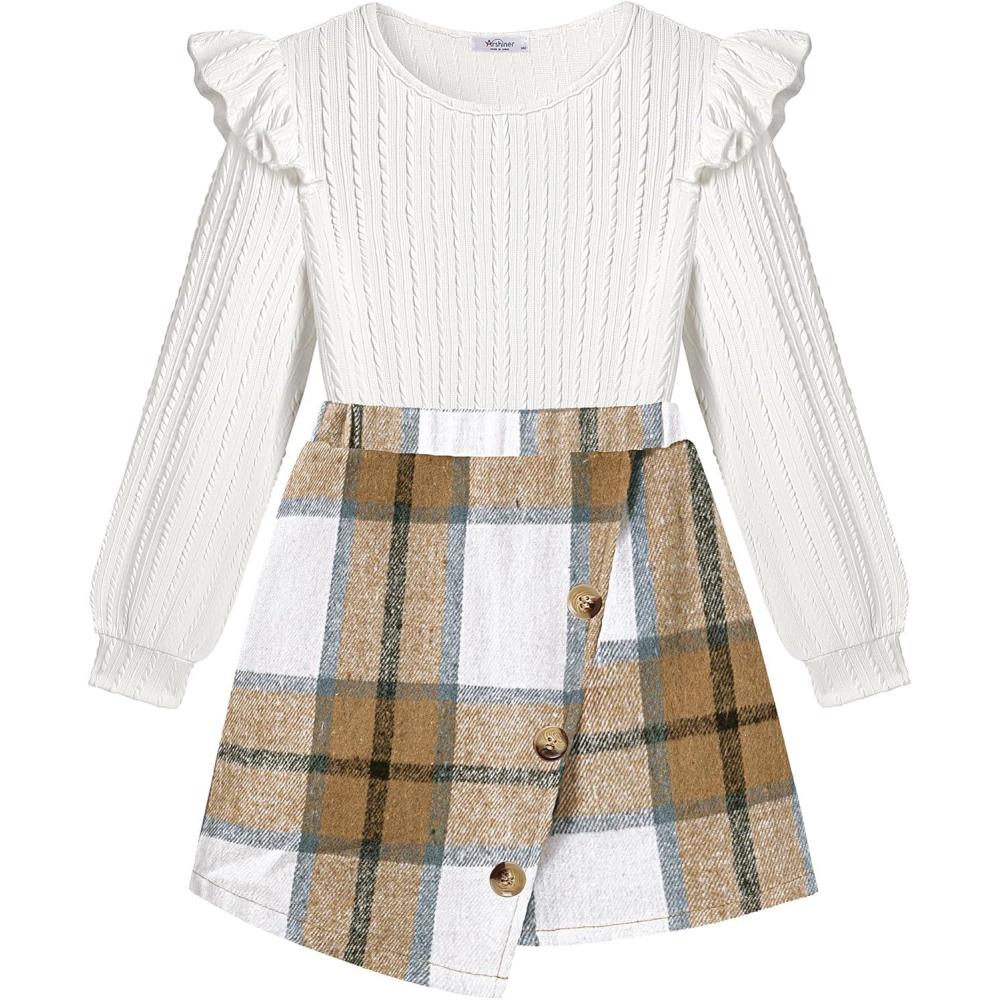 imageArshiner Girls Skirt Sets Ruffle Sleeve Top and Plaid Mini Skirt 2 Piece Fall Winter Outfits for KidsWhite Brown Plaid
