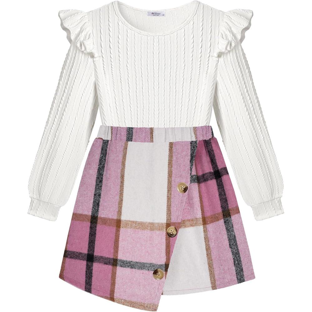 imageArshiner Girls Skirt Sets Ruffle Sleeve Top and Plaid Mini Skirt 2 Piece Fall Winter Outfits for KidsWhite Pink Plaid