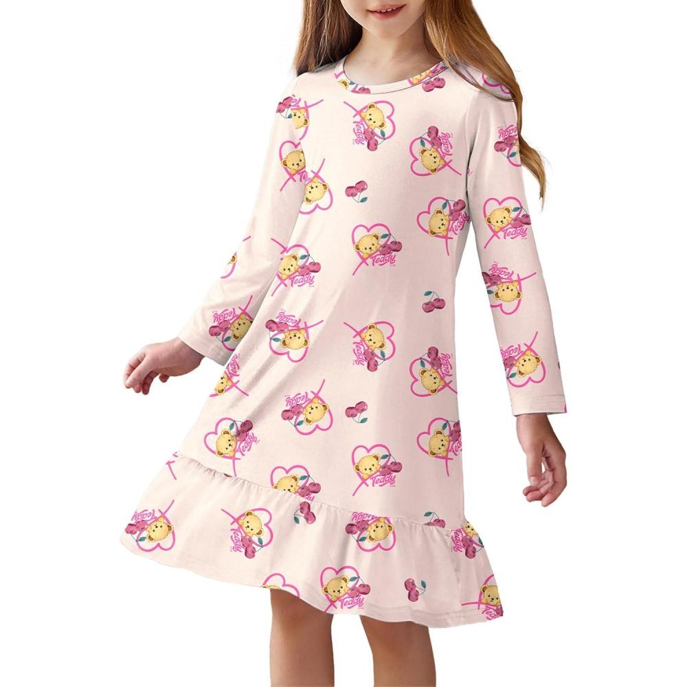 imageArshiner Girls Sleepwear Long Sleeve Cute Nightgown Nightie Pajama DressApricot Teddy