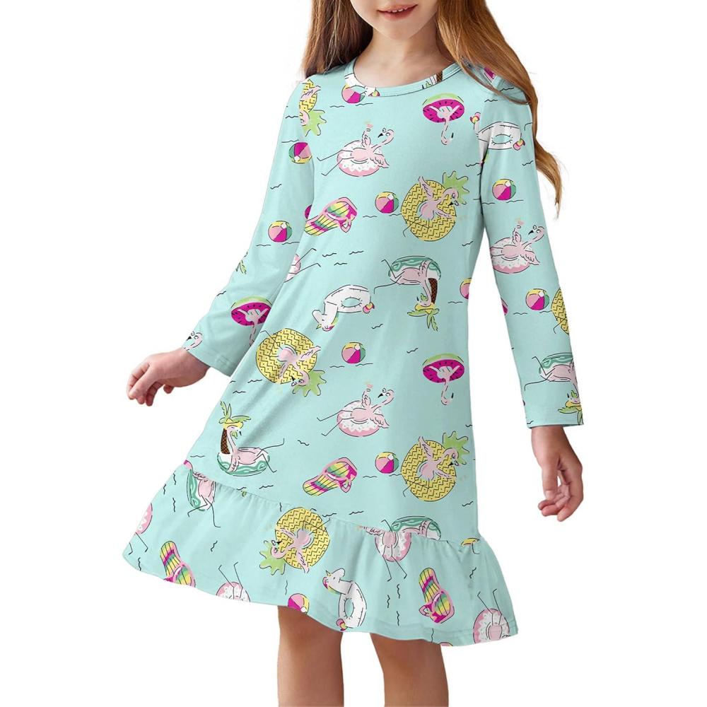 imageArshiner Girls Sleepwear Long Sleeve Cute Nightgown Nightie Pajama DressBlue Green Cartoon