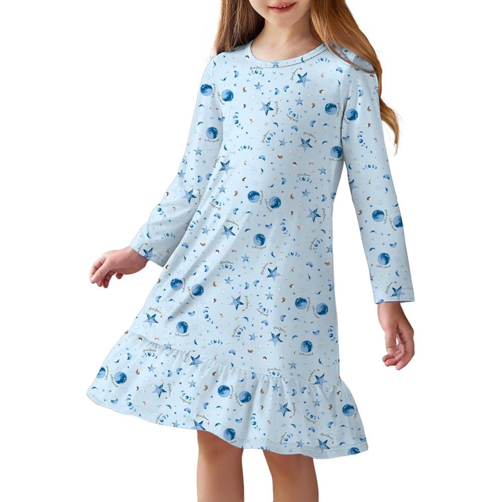 imageArshiner Girls Sleepwear Long Sleeve Cute Nightgown Nightie Pajama DressBlue Starry Sky