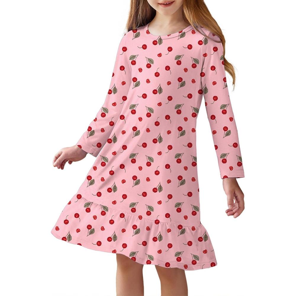imageArshiner Girls Sleepwear Long Sleeve Cute Nightgown Nightie Pajama DressPink Cherry