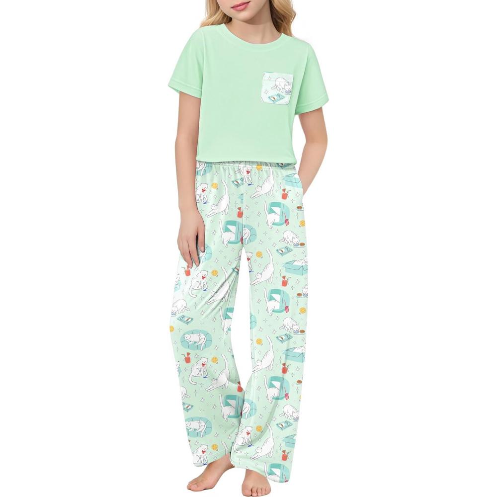 imageArshiner Girls Sleepwear Short Sleeve Long Pants Pajamas Sets Soft Loungwear for KidsGreen Cats