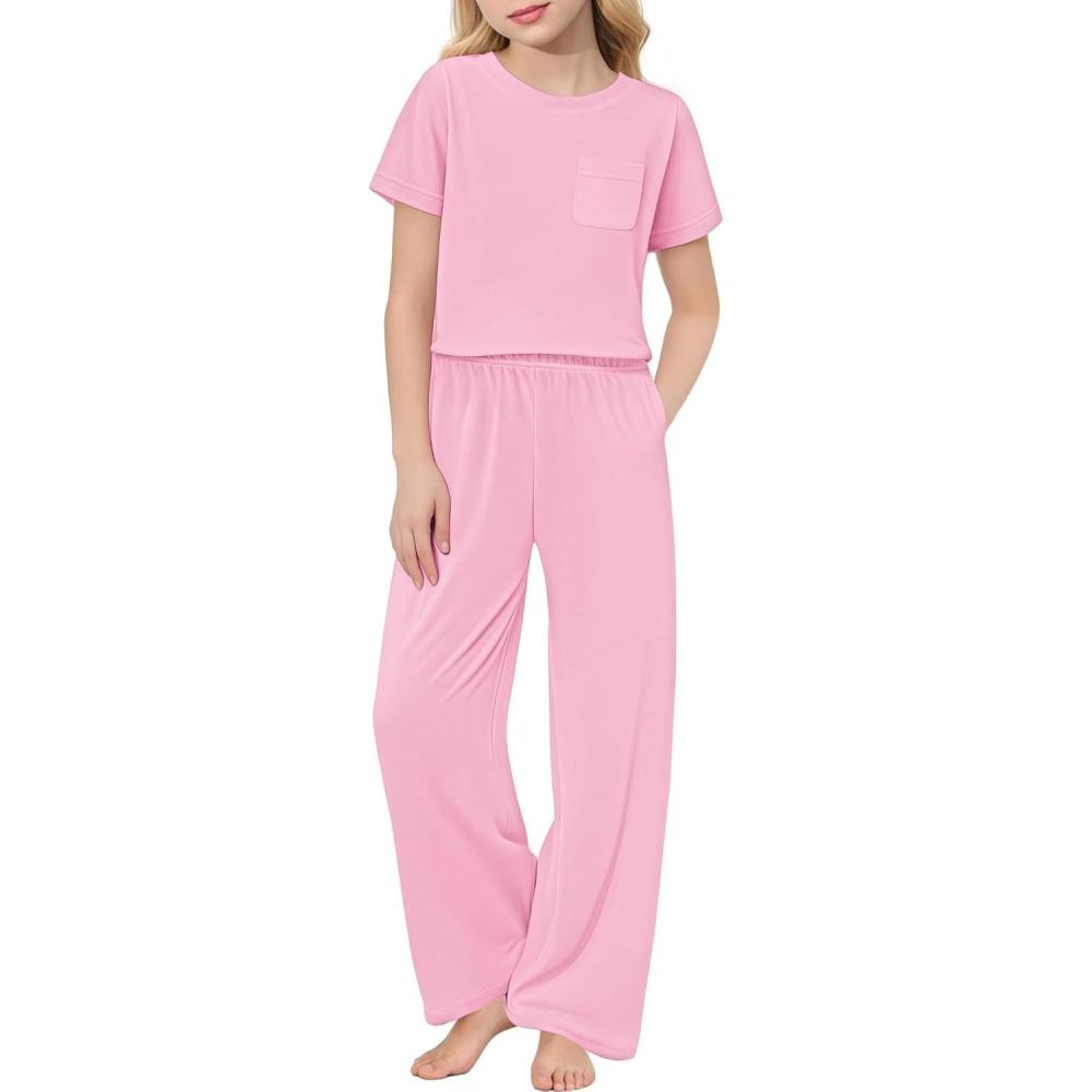 imageArshiner Girls Sleepwear Short Sleeve Long Pants Pajamas Sets Soft Loungwear for KidsPink