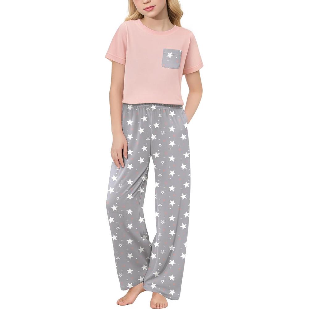 imageArshiner Girls Sleepwear Short Sleeve Long Pants Pajamas Sets Soft Loungwear for KidsPink Grey Star
