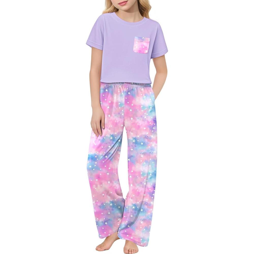 imageArshiner Girls Sleepwear Short Sleeve Long Pants Pajamas Sets Soft Loungwear for KidsPurple Tie Dye