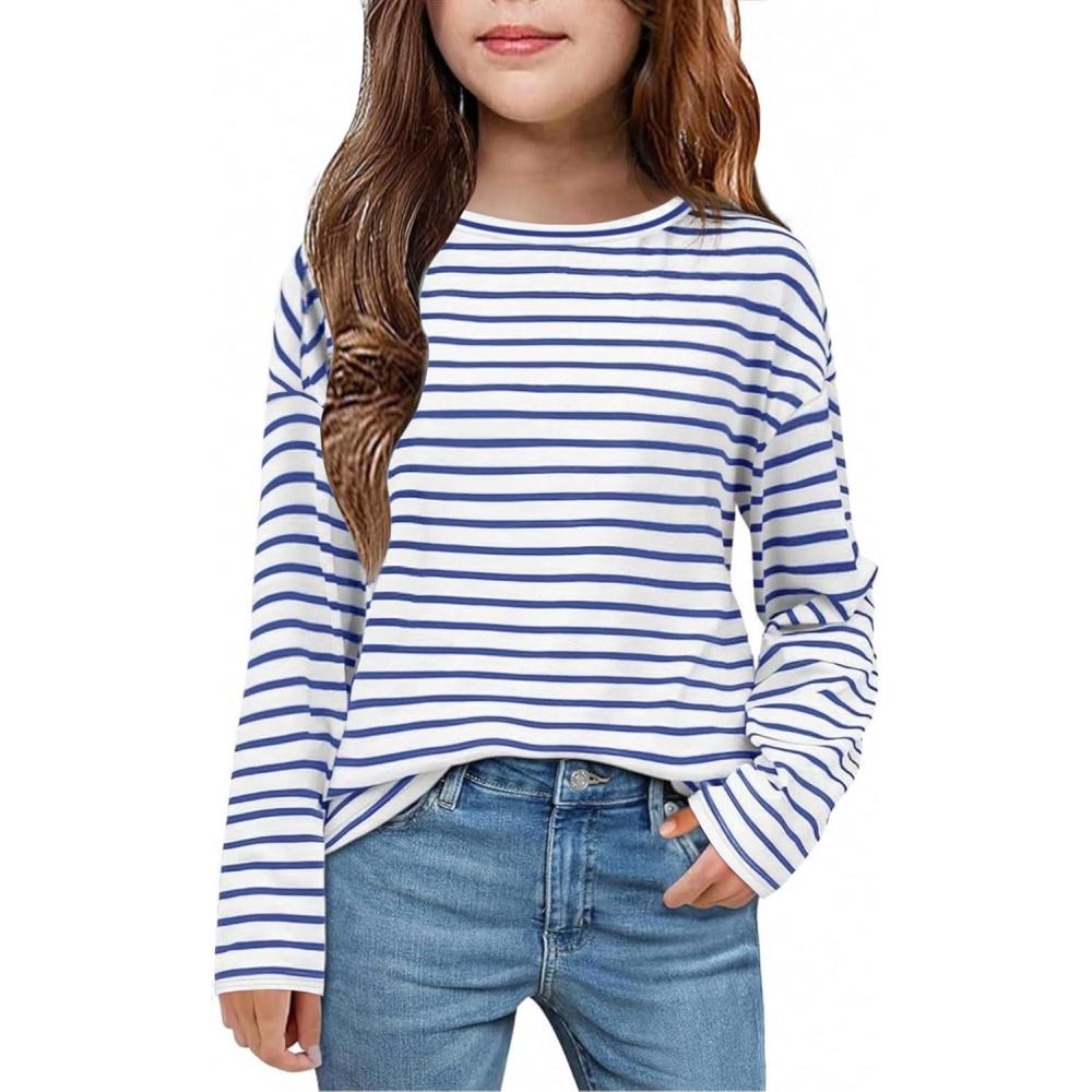 imageArshiner Girls Striped Long Sleeve Shirts Drop Shoulder Casual Fashionable Crewneck Blouse Tee TopsNavy Blue Stripe