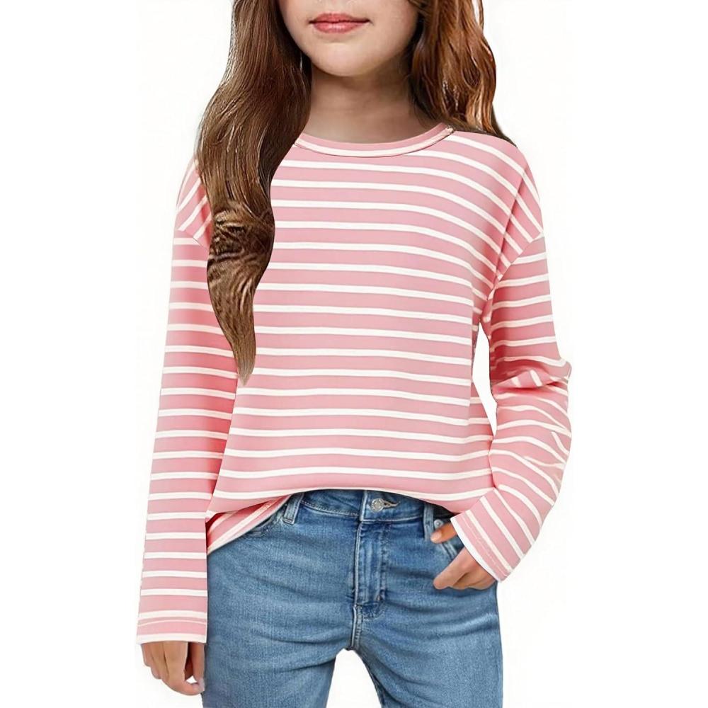 imageArshiner Girls Striped Long Sleeve Shirts Drop Shoulder Casual Fashionable Crewneck Blouse Tee TopsPink Stripe