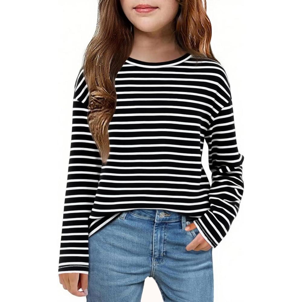 imageArshiner Girls Striped Long Sleeve Shirts Drop Shoulder Casual Fashionable Crewneck Blouse Tee TopsThick Black Stripe
