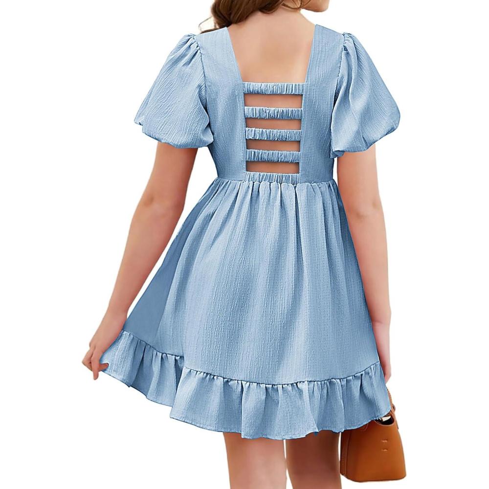 imageArshiner Girls Summer CutOut Back ALine Dress Puff Sleeves Square Neckline Flounce Hem DressesBlue