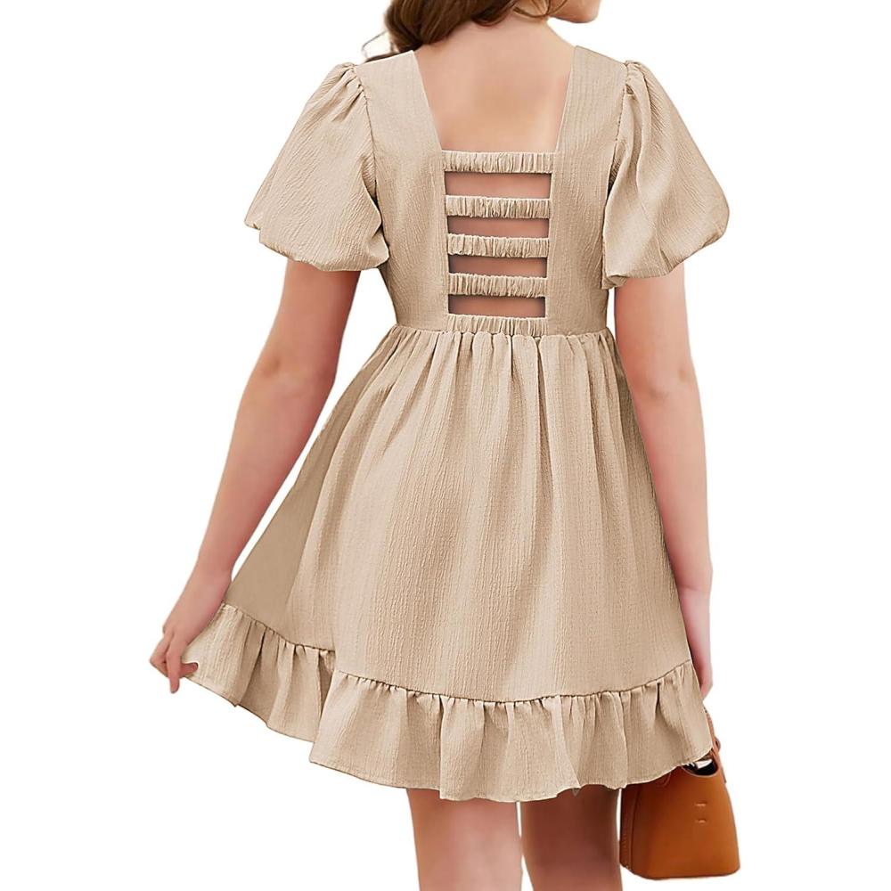 imageArshiner Girls Summer CutOut Back ALine Dress Puff Sleeves Square Neckline Flounce Hem DressesChampagne
