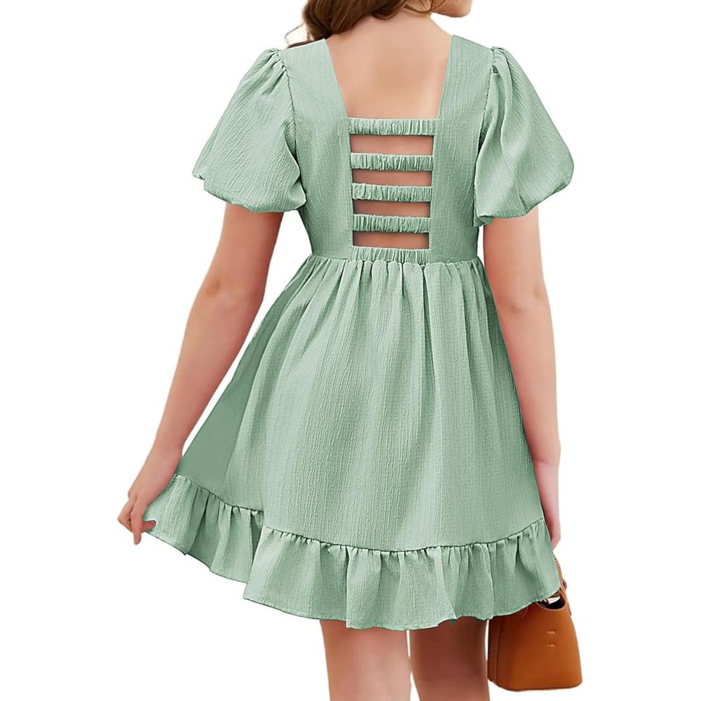imageArshiner Girls Summer CutOut Back ALine Dress Puff Sleeves Square Neckline Flounce Hem DressesLight Green