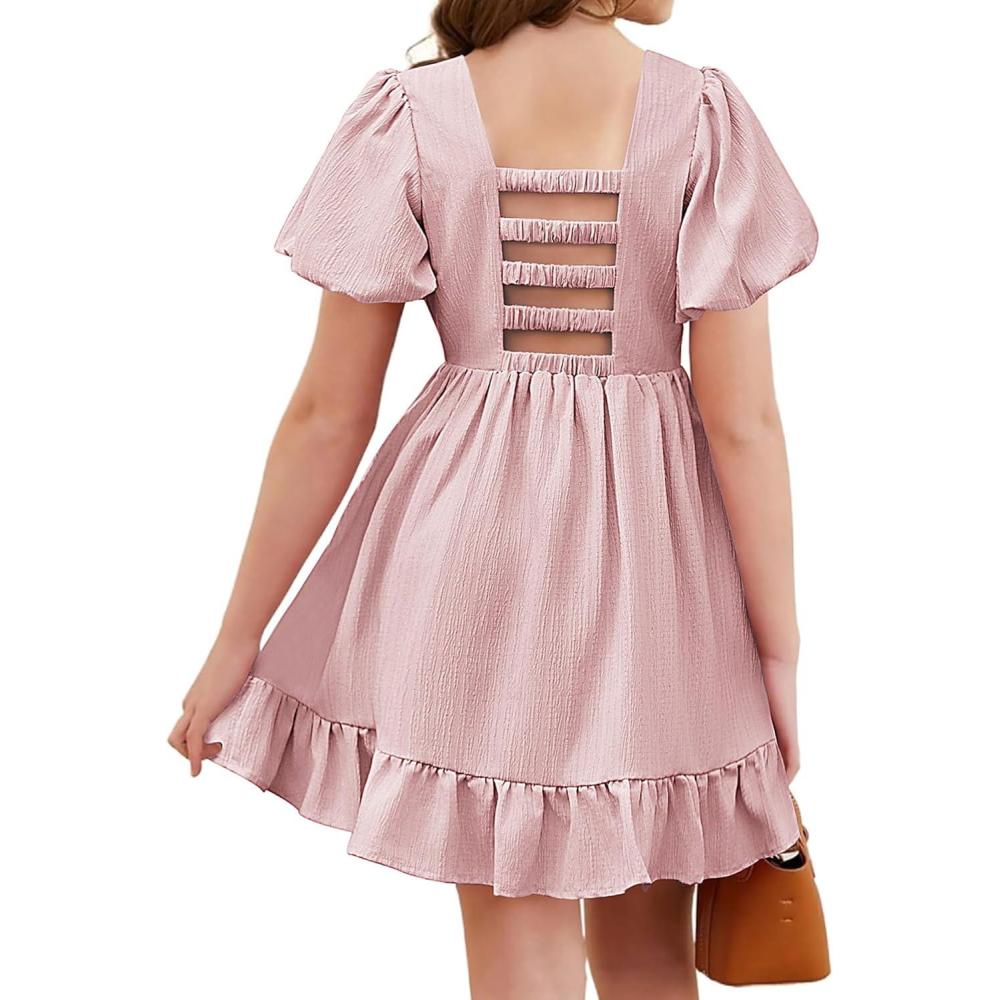 imageArshiner Girls Summer CutOut Back ALine Dress Puff Sleeves Square Neckline Flounce Hem DressesPink