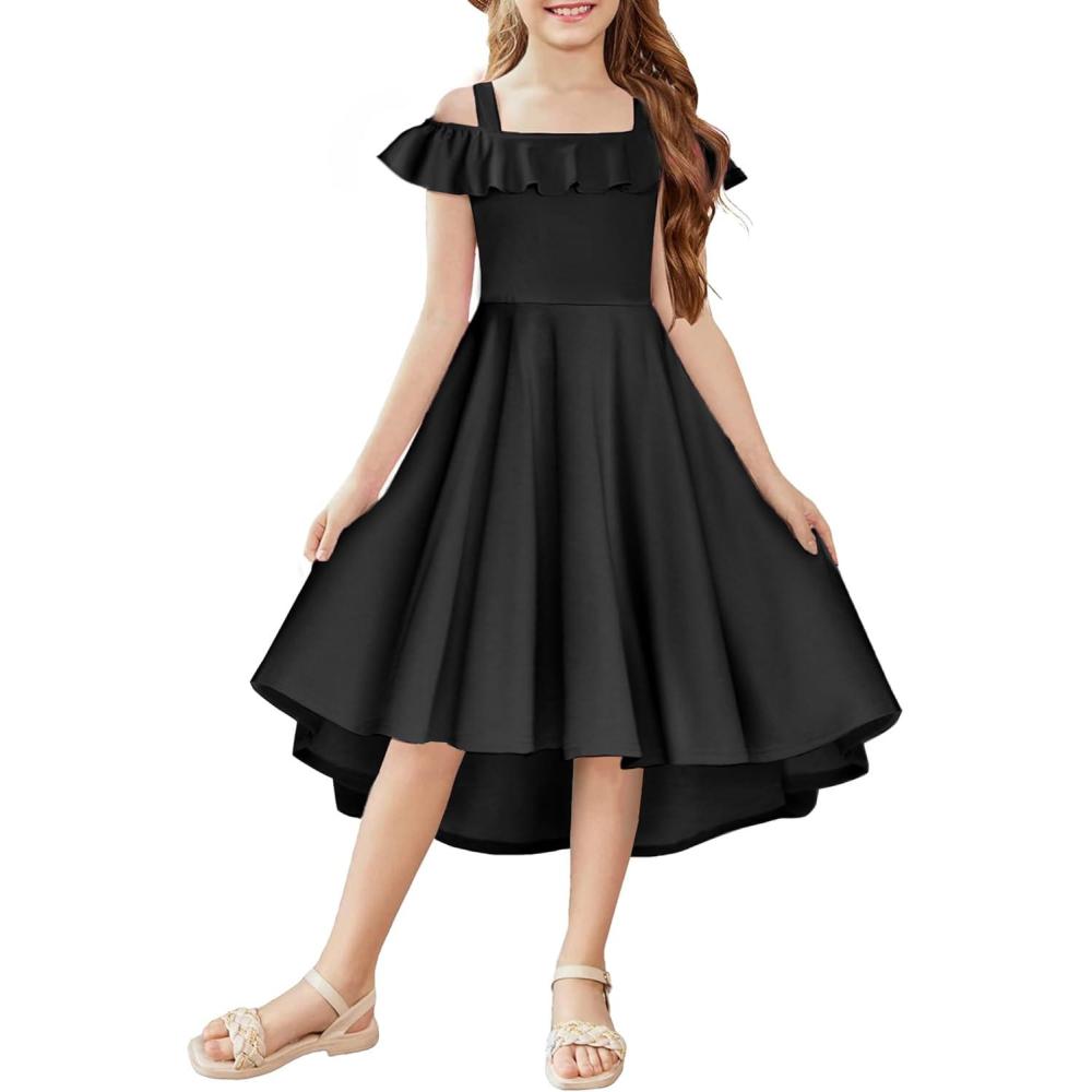 imageArshiner Girls Summer Dress Off Shoulder Flutter Sleeve Midi Swing Cassual Formal Dresses with PocketBlack