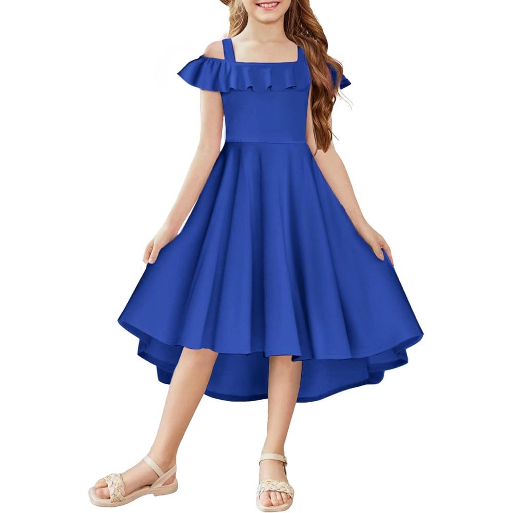 imageArshiner Girls Summer Dress Off Shoulder Flutter Sleeve Midi Swing Cassual Formal Dresses with PocketBroyal Blue