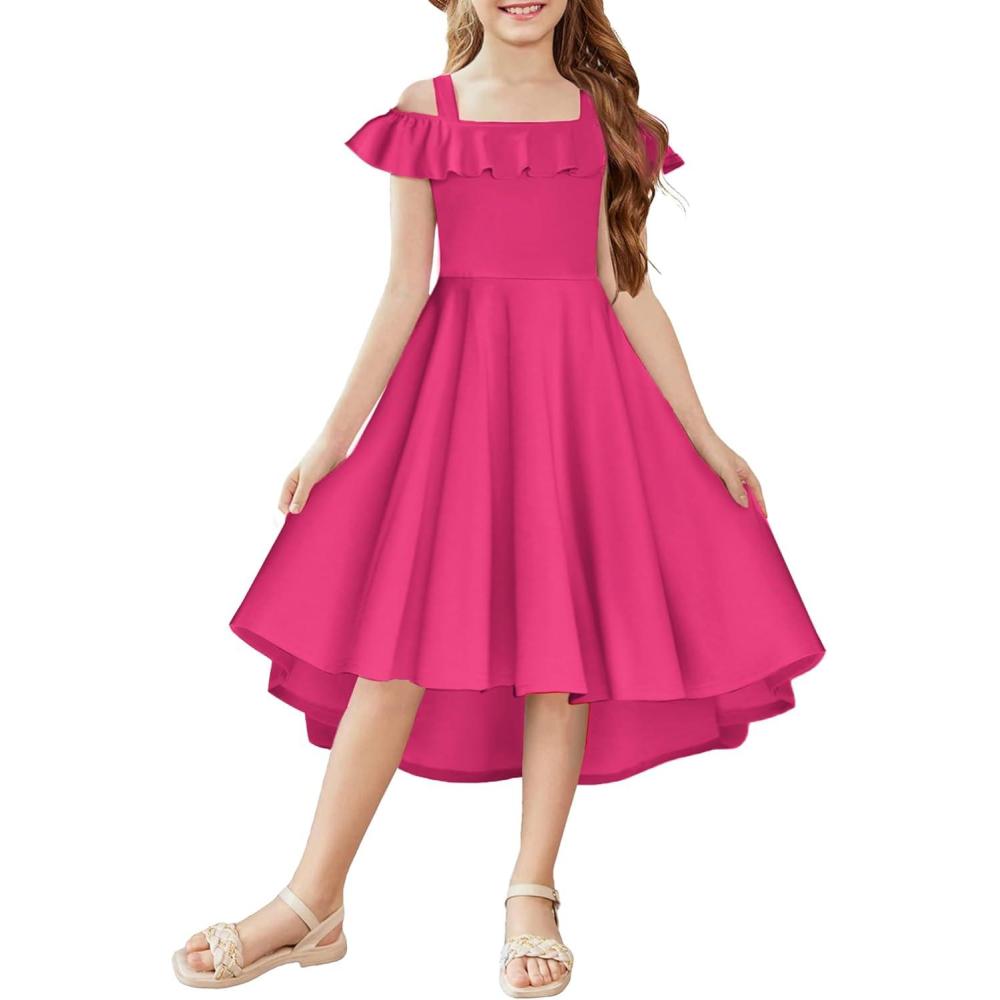 imageArshiner Girls Summer Dress Off Shoulder Flutter Sleeve Midi Swing Cassual Formal Dresses with PocketHot Pink