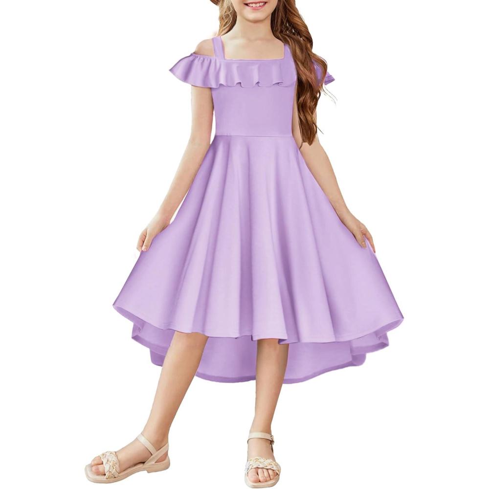 imageArshiner Girls Summer Dress Off Shoulder Flutter Sleeve Midi Swing Cassual Formal Dresses with PocketLavender