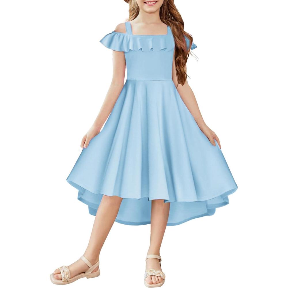 imageArshiner Girls Summer Dress Off Shoulder Flutter Sleeve Midi Swing Cassual Formal Dresses with PocketLight Blue