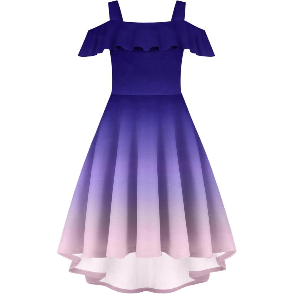 imageArshiner Girls Summer Dress Off Shoulder Flutter Sleeve Midi Swing Cassual Formal Dresses with PocketNavy Pink Gradient