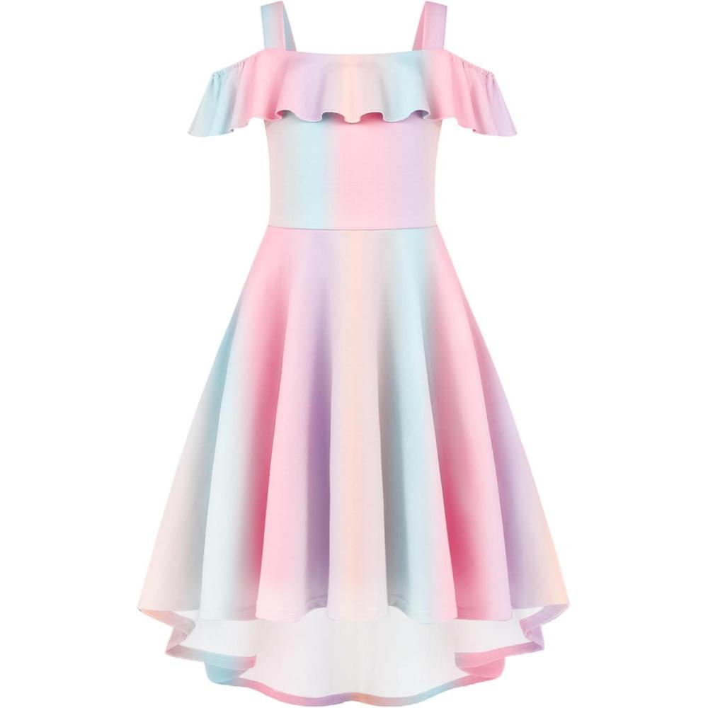 imageArshiner Girls Summer Dress Off Shoulder Flutter Sleeve Midi Swing Cassual Formal Dresses with PocketPink Rainbow