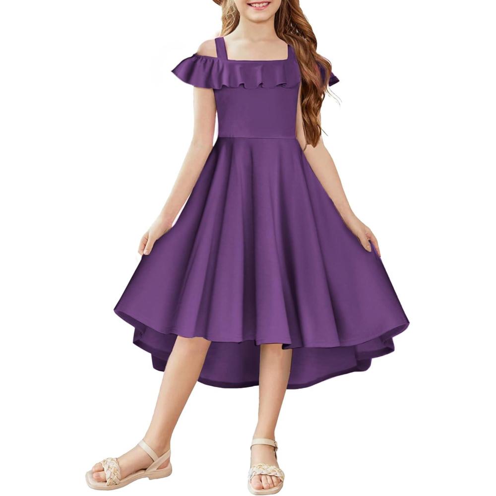 imageArshiner Girls Summer Dress Off Shoulder Flutter Sleeve Midi Swing Cassual Formal Dresses with PocketPurple