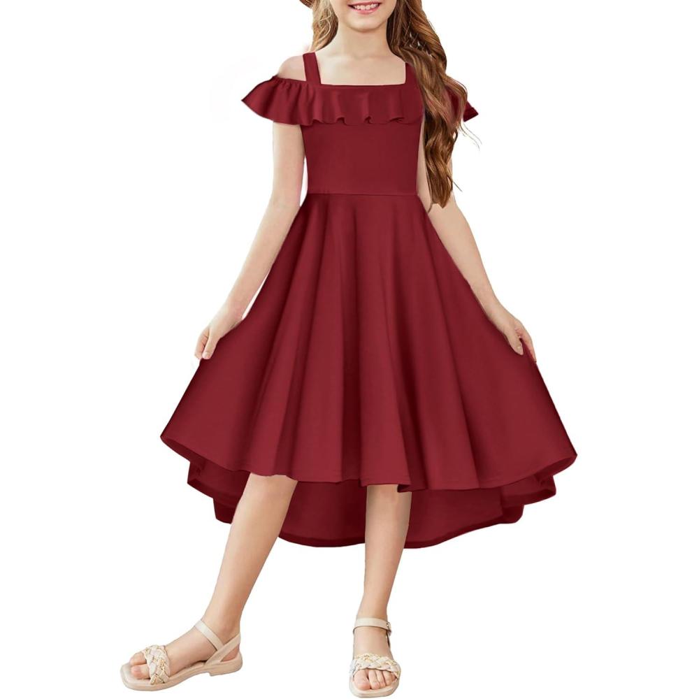 imageArshiner Girls Summer Dress Off Shoulder Flutter Sleeve Midi Swing Cassual Formal Dresses with PocketRed