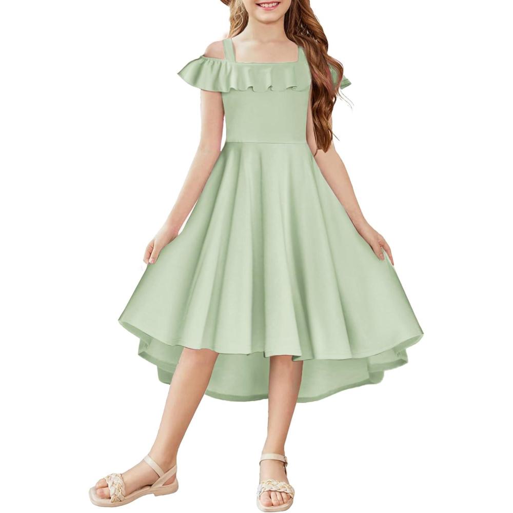 imageArshiner Girls Summer Dress Off Shoulder Flutter Sleeve Midi Swing Cassual Formal Dresses with PocketSage Green
