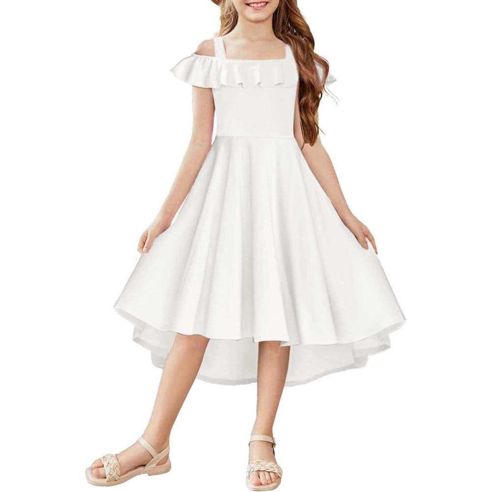 imageArshiner Girls Summer Dress Off Shoulder Flutter Sleeve Midi Swing Cassual Formal Dresses with PocketWhite