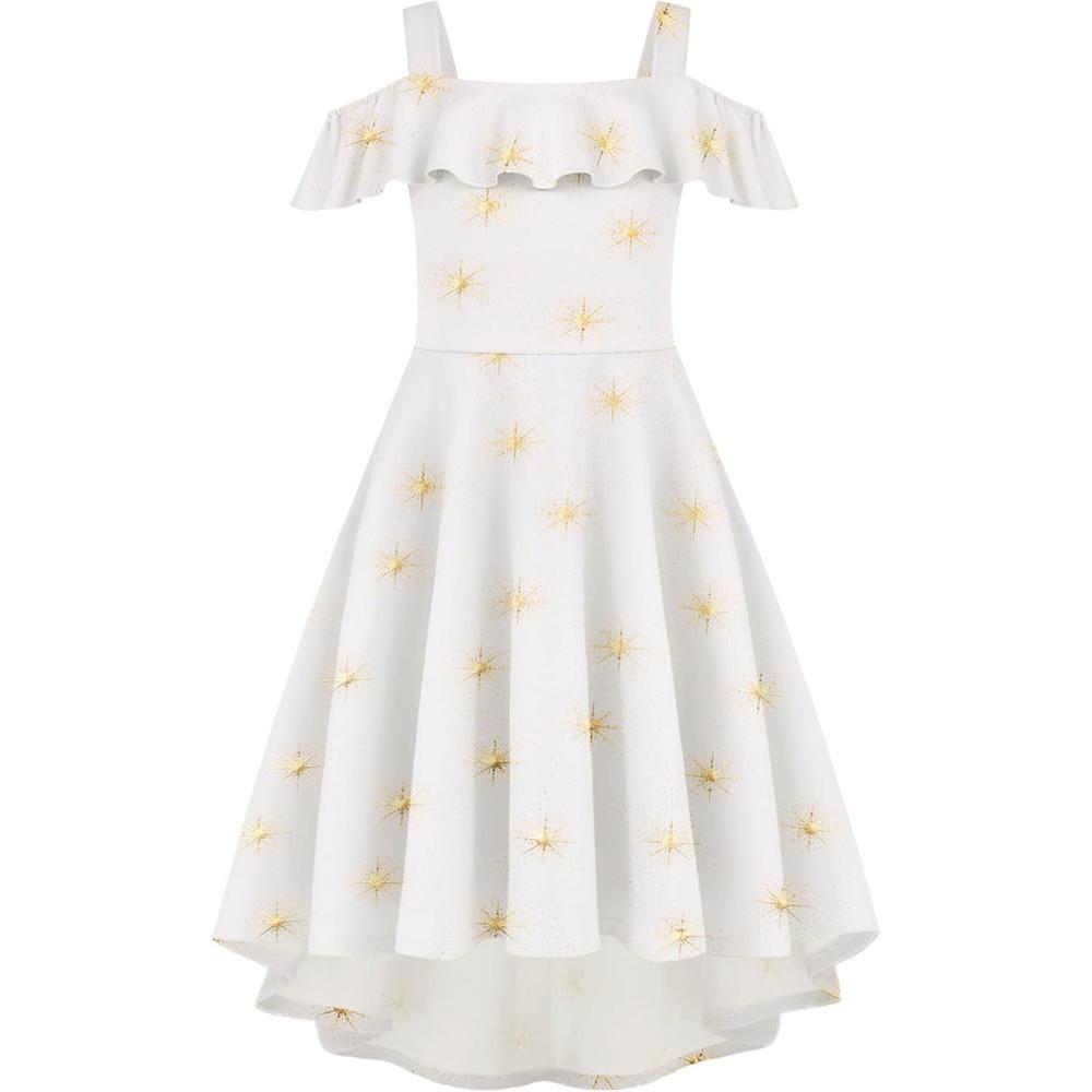 imageArshiner Girls Summer Dress Off Shoulder Flutter Sleeve Midi Swing Cassual Formal Dresses with PocketWhite Galaxy
