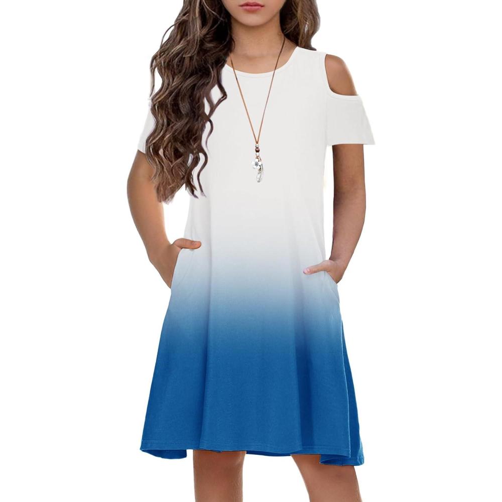 imageArshiner Girls Summer Dress Short Sleeve Cold Shoulder Solid Color Swing Casual Dresses with PocketsBlue Gradient