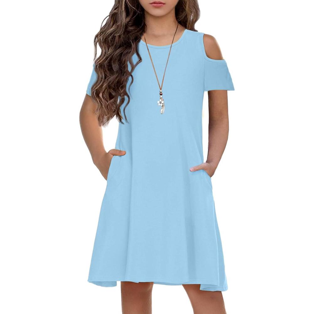 imageArshiner Girls Summer Dress Short Sleeve Cold Shoulder Solid Color Swing Casual Dresses with PocketsLight Blue