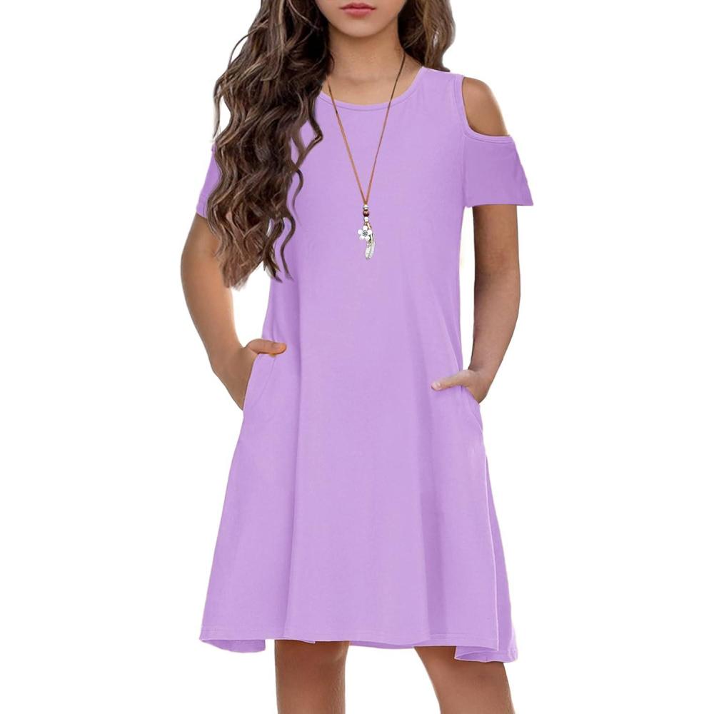 imageArshiner Girls Summer Dress Short Sleeve Cold Shoulder Solid Color Swing Casual Dresses with PocketsLilac