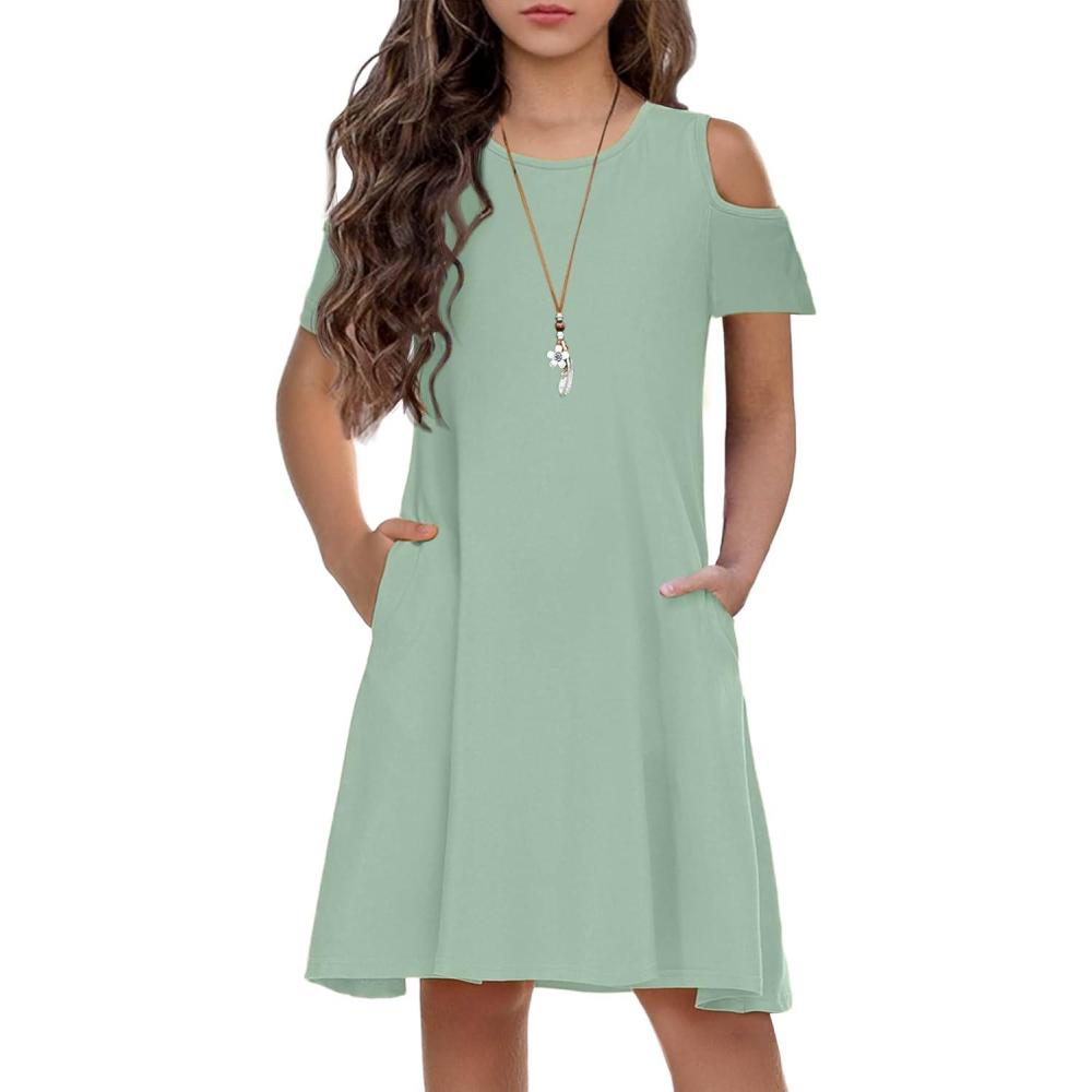 imageArshiner Girls Summer Dress Short Sleeve Cold Shoulder Solid Color Swing Casual Dresses with PocketsMint Green