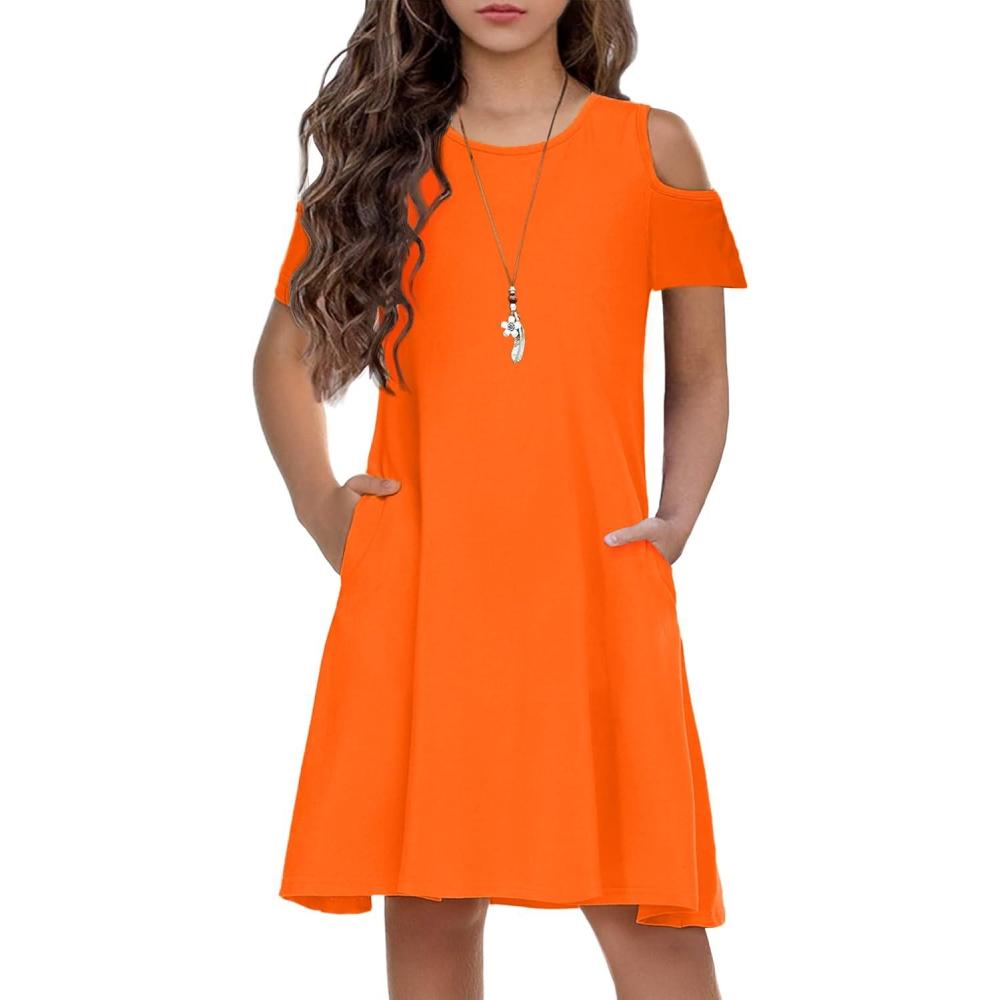 imageArshiner Girls Summer Dress Short Sleeve Cold Shoulder Solid Color Swing Casual Dresses with PocketsOrange