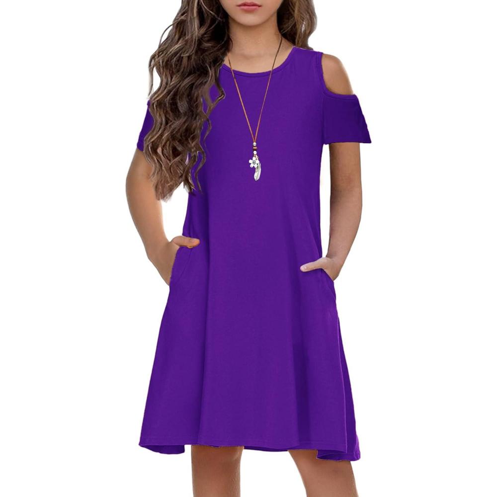 imageArshiner Girls Summer Dress Short Sleeve Cold Shoulder Solid Color Swing Casual Dresses with PocketsPurple