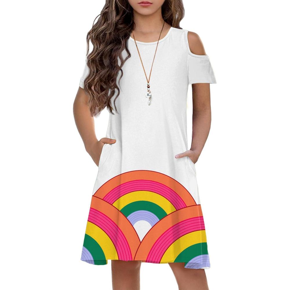 imageArshiner Girls Summer Dress Short Sleeve Cold Shoulder Solid Color Swing Casual Dresses with PocketsRainbow on White