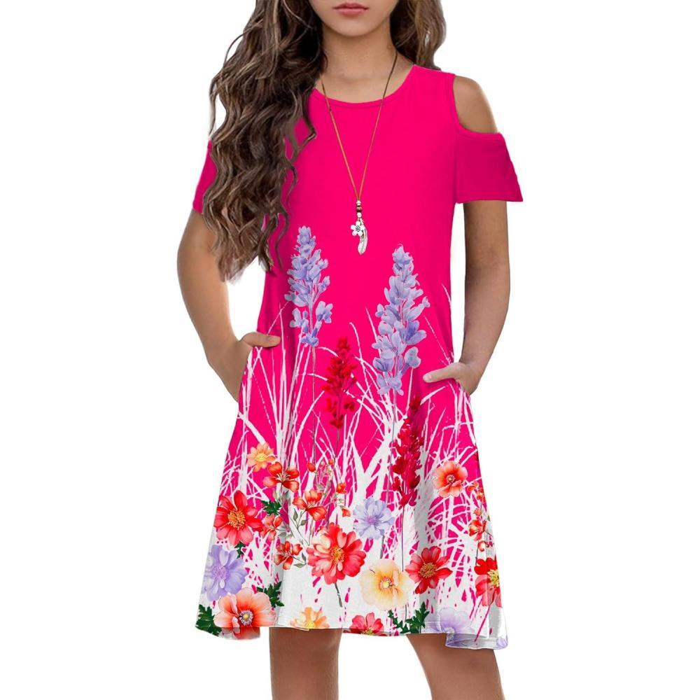imageArshiner Girls Summer Dress Short Sleeve Cold Shoulder Solid Color Swing Casual Dresses with PocketsRose Red Printed