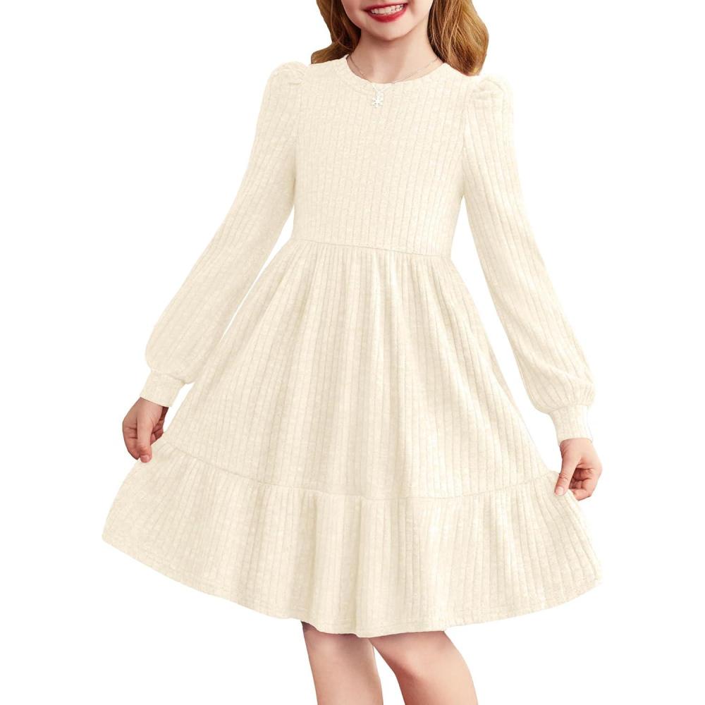 imageArshiner Girls Sweater Dress Fall Winter Puff Long Sleeve Knit Pullover Formal Dresses with Pockets 614YBeige
