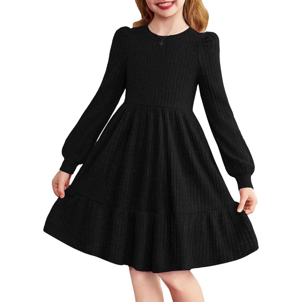 imageArshiner Girls Sweater Dress Fall Winter Puff Long Sleeve Knit Pullover Formal Dresses with Pockets 614YBlack