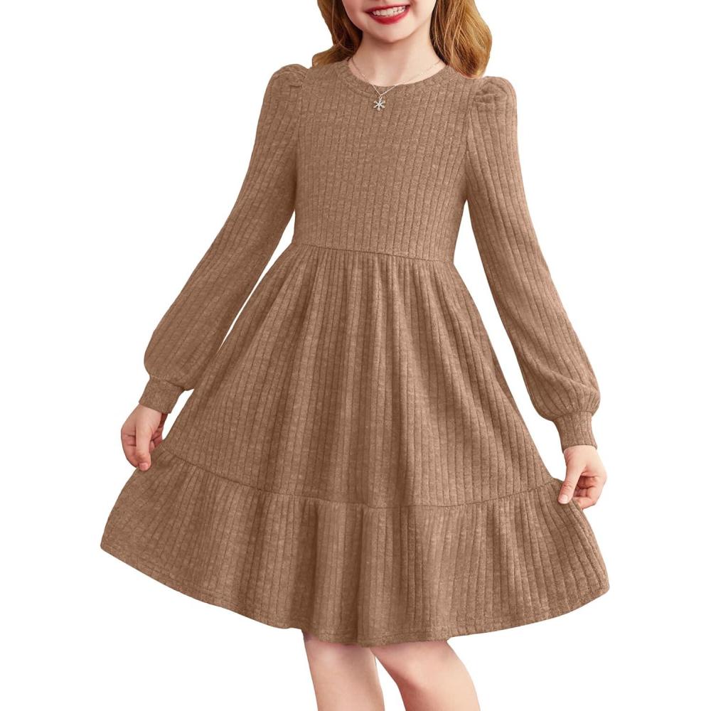 imageArshiner Girls Sweater Dress Fall Winter Puff Long Sleeve Knit Pullover Formal Dresses with Pockets 614YBrown
