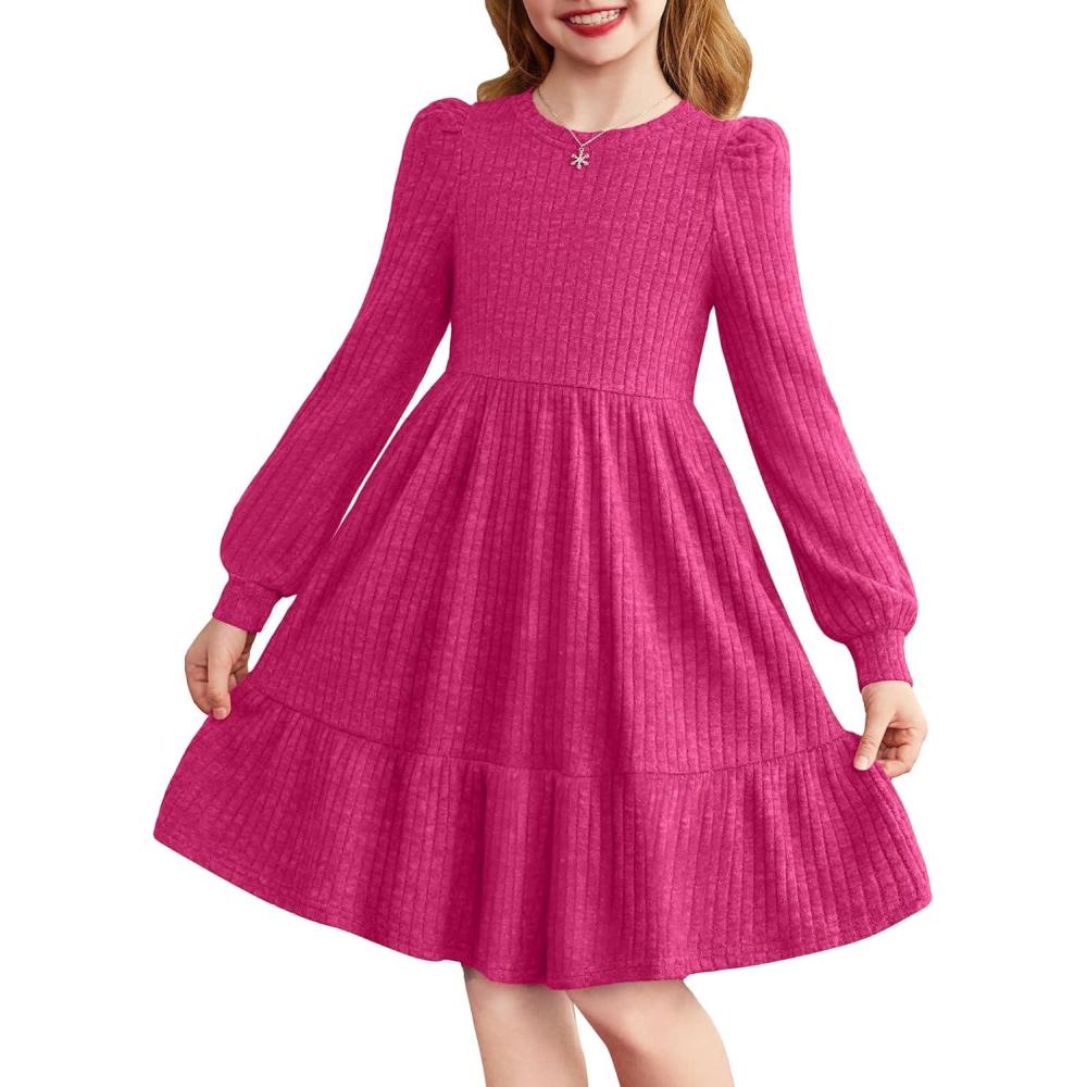 imageArshiner Girls Sweater Dress Fall Winter Puff Long Sleeve Knit Pullover Formal Dresses with Pockets 614YHot Pink