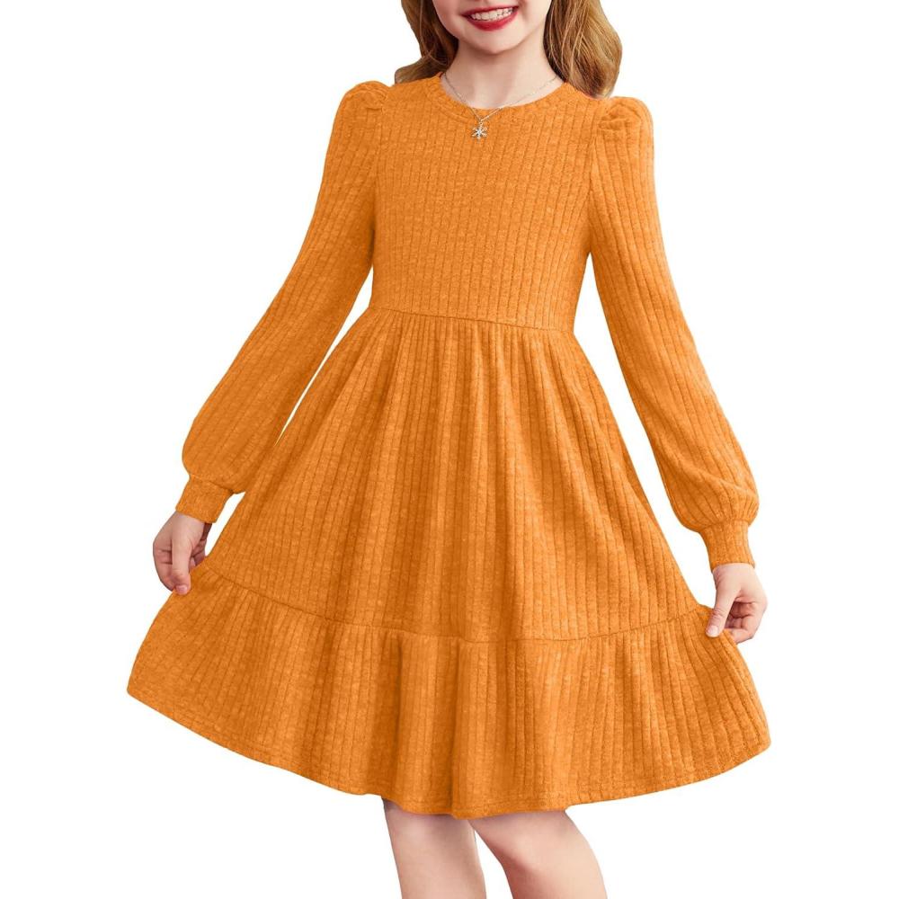 imageArshiner Girls Sweater Dress Fall Winter Puff Long Sleeve Knit Pullover Formal Dresses with Pockets 614YOrange