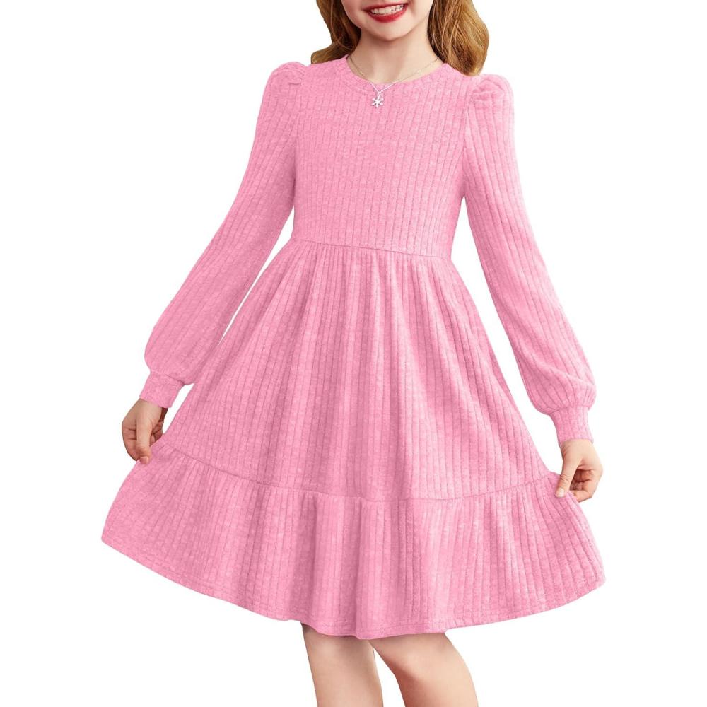 imageArshiner Girls Sweater Dress Fall Winter Puff Long Sleeve Knit Pullover Formal Dresses with Pockets 614YPeach Pink