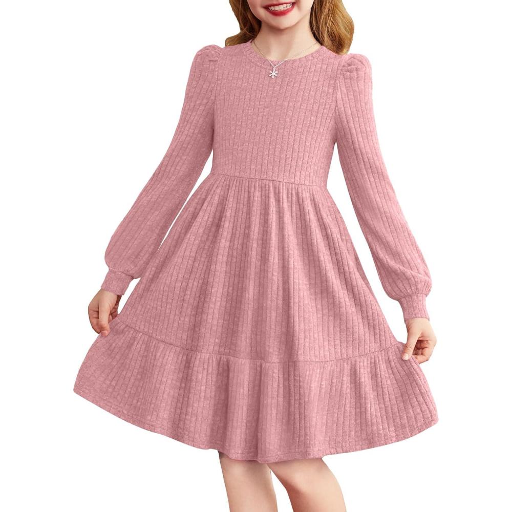 imageArshiner Girls Sweater Dress Fall Winter Puff Long Sleeve Knit Pullover Formal Dresses with Pockets 614YPink