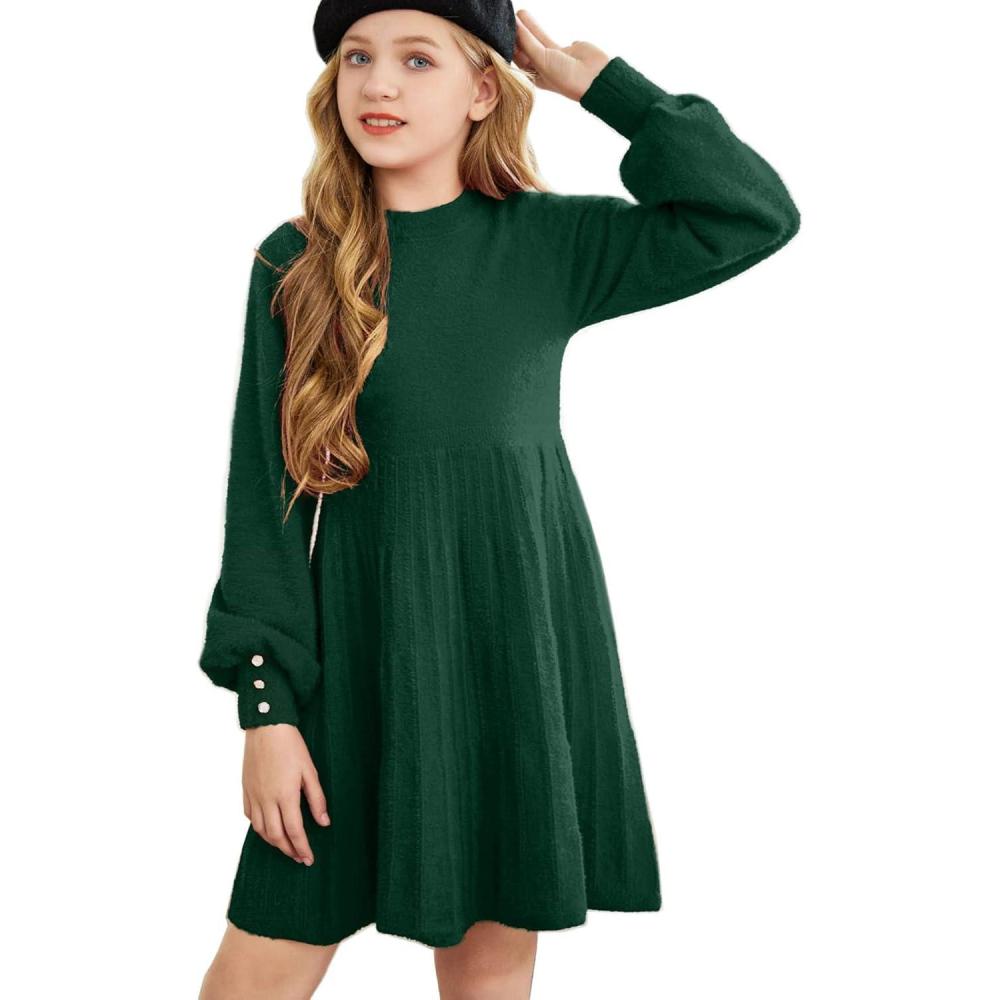 imageArshiner Girls Sweater Dress Knit Crew Neck Lantern Sleeve Solid Twirl DressesDark Green