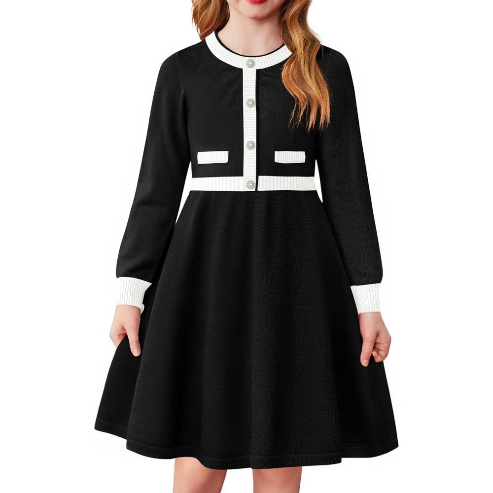 imageArshiner Girls Sweater Dress Long Sleeve Button Knit Fall Winter Pullover Dresses for Kids 512 YearsBlackwhite