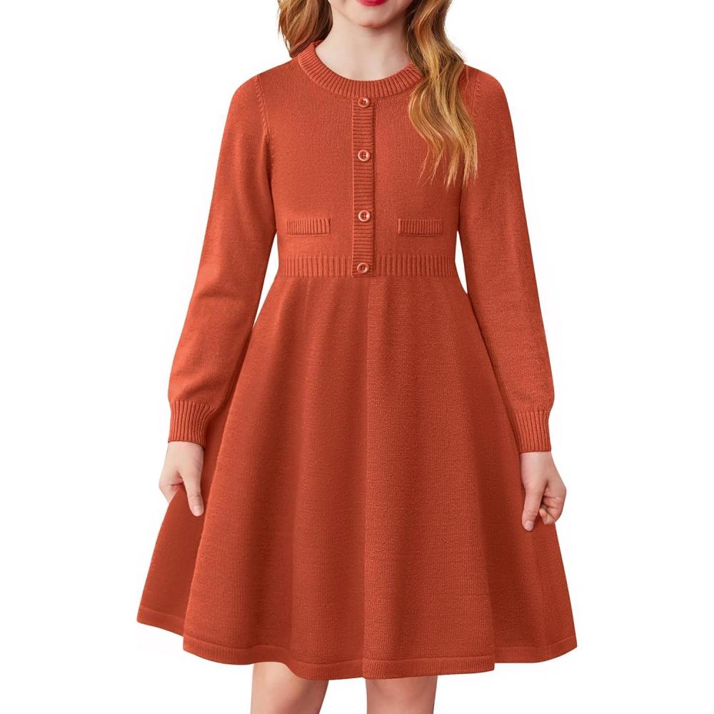 imageArshiner Girls Sweater Dress Long Sleeve Button Knit Fall Winter Pullover Dresses for Kids 512 YearsBrown