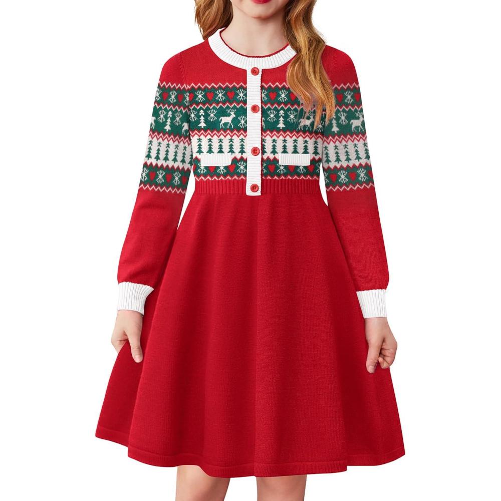 imageArshiner Girls Sweater Dress Long Sleeve Button Knit Fall Winter Pullover Dresses for Kids 512 YearsChristmas Red