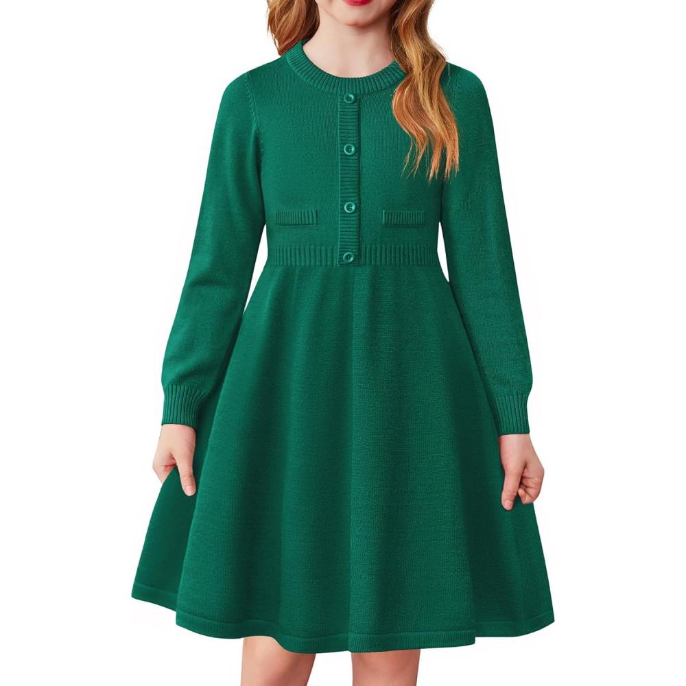 imageArshiner Girls Sweater Dress Long Sleeve Button Knit Fall Winter Pullover Dresses for Kids 512 YearsGreen