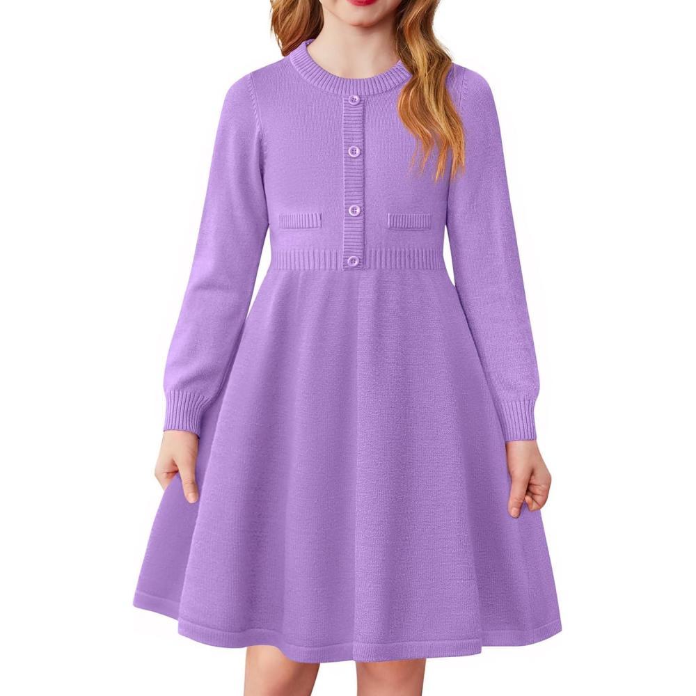 imageArshiner Girls Sweater Dress Long Sleeve Button Knit Fall Winter Pullover Dresses for Kids 512 YearsLavender